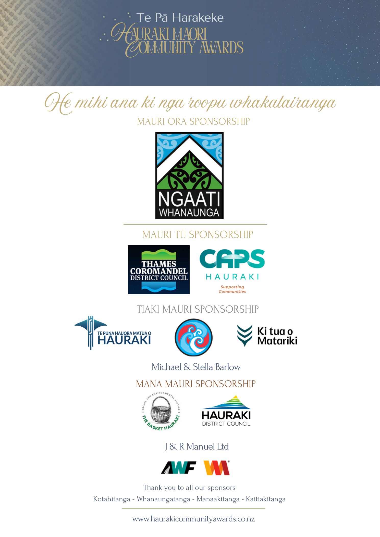 Te Pā Harakeke — Sponsorship acknowledgement to all our sponsors